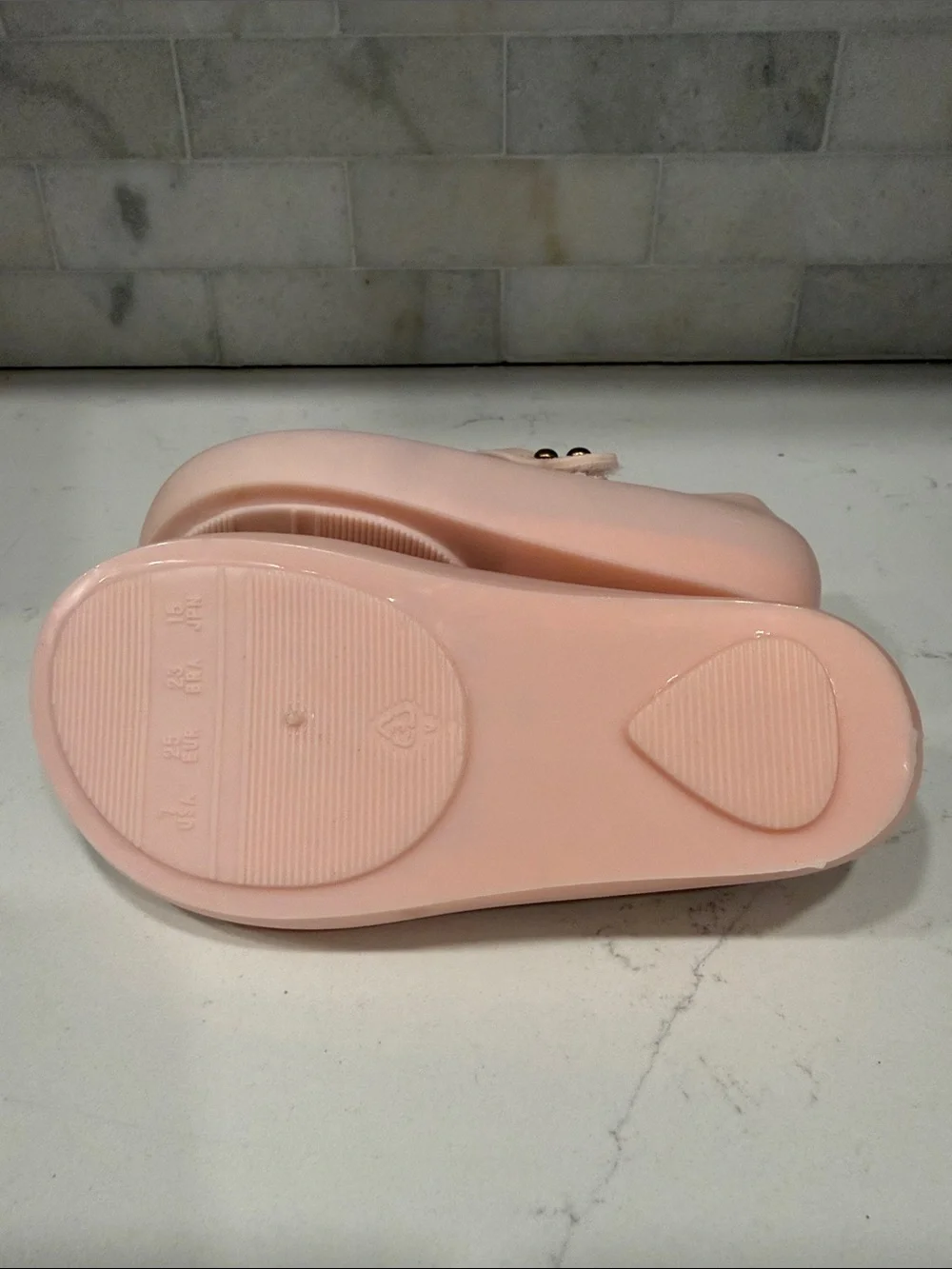 MiniMelissa Girls Pink Jelly Mary Jane Shoes with Navy Bow